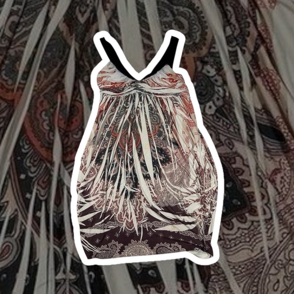Y2K Daytrip Boho Paisley Print Empire Waist Dress Ruched Black Straps‎ Size L